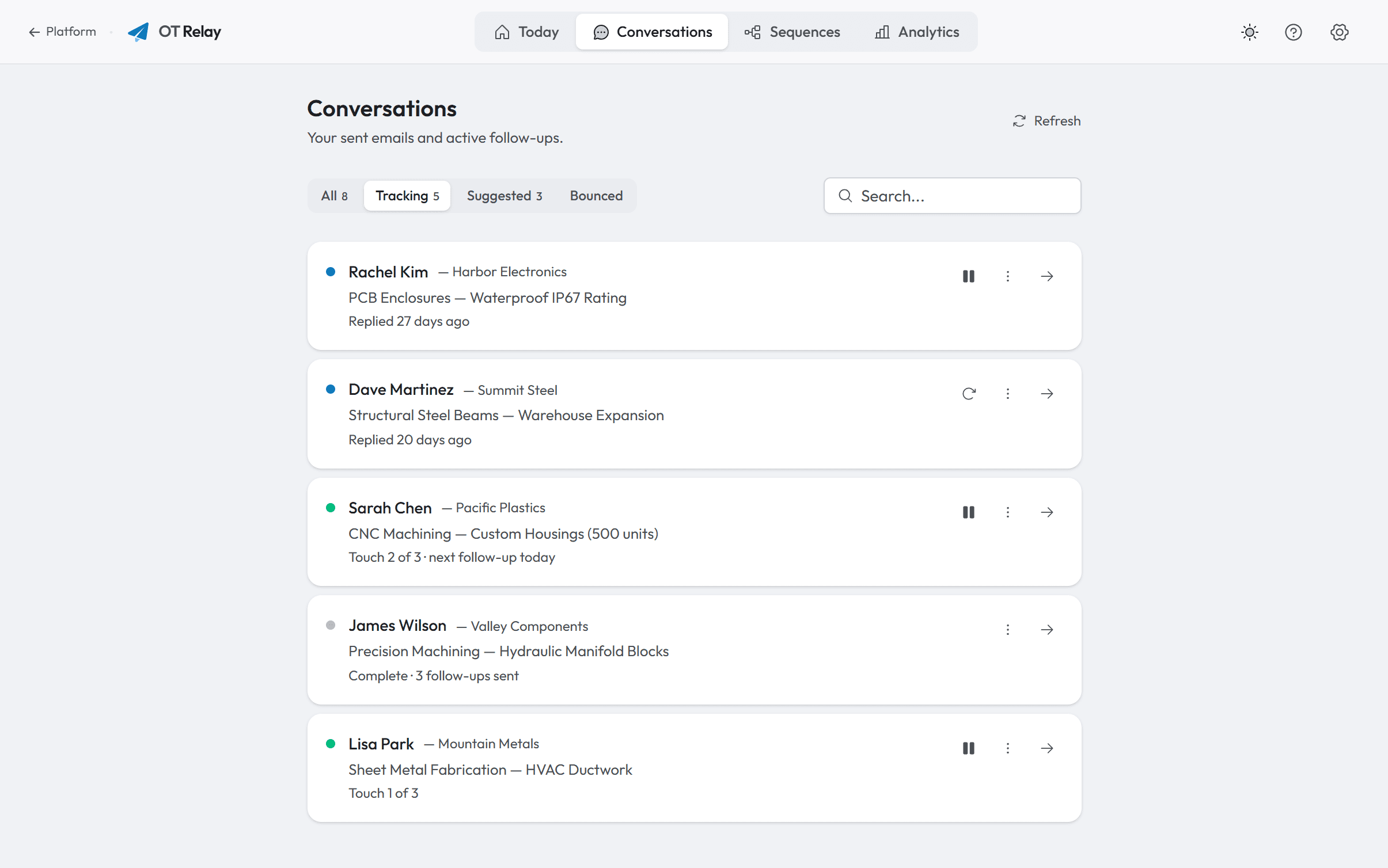 Relay conversations view: active follow-up sequences with status indicators, recipient list, and action controls